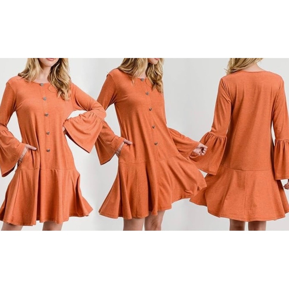 Yelete Rust Drop Waist Long Bell Sleeve Dress Women's Size Small Boho Indie Cute